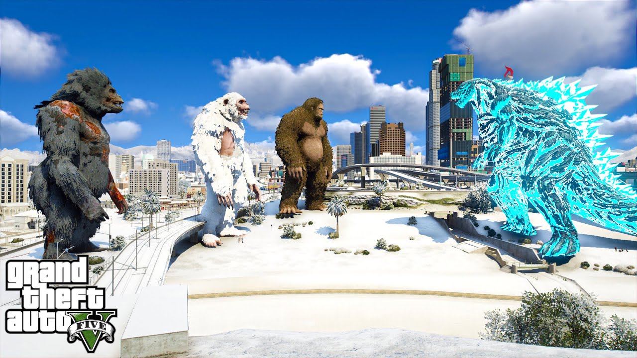 Godzilla Earth vs Team Gorilla Zombie, Giant Big Foot, Giant Yeti ( GTA V Mods )
