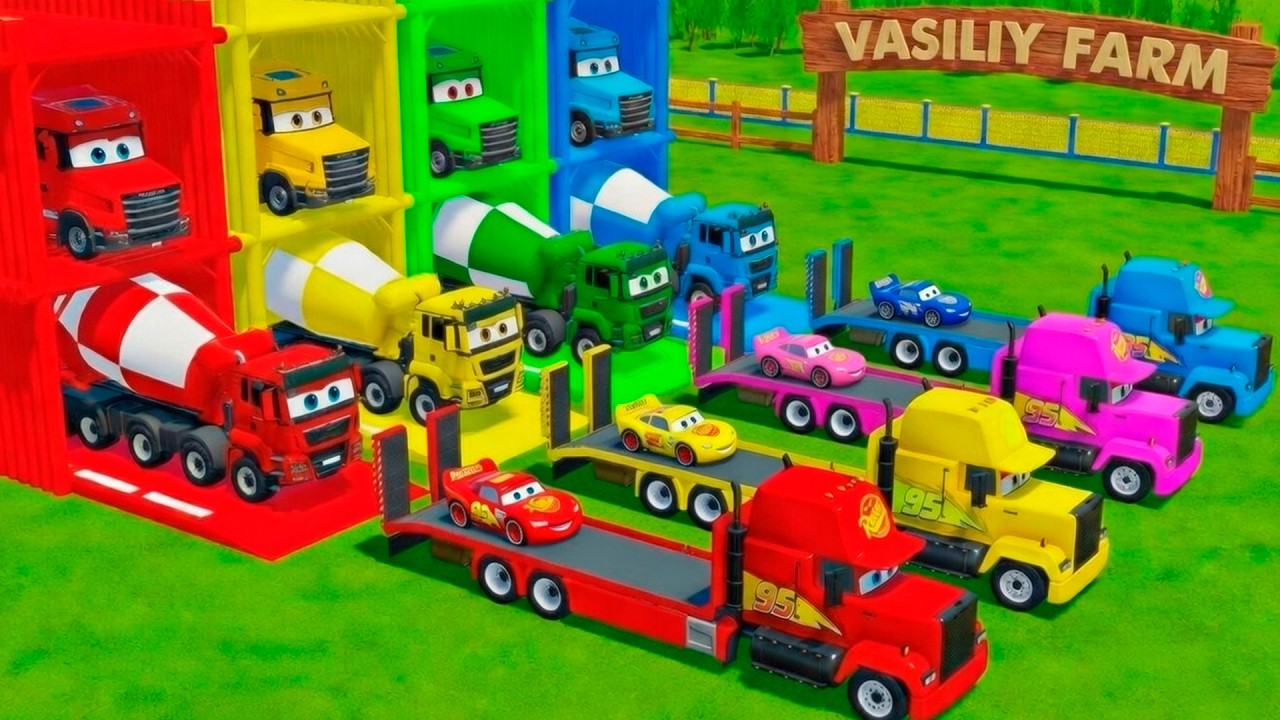 TRANSPORTING PIXAR CARS & FRUITS WITH COLORED & JOHN DEERE vs CLAAS vs TRACTORS - BeamNG.drive #983