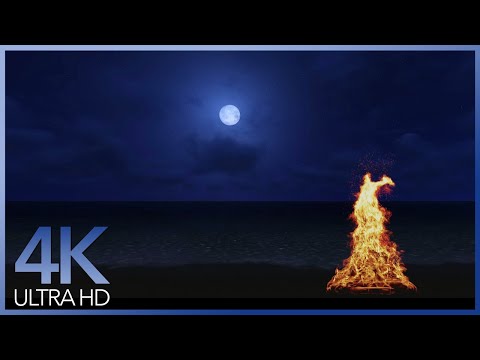 4K Campfire On Beach - Crackling Fire With Ocean Waves Sounds | 4K Relaxing Video Ultra Hd