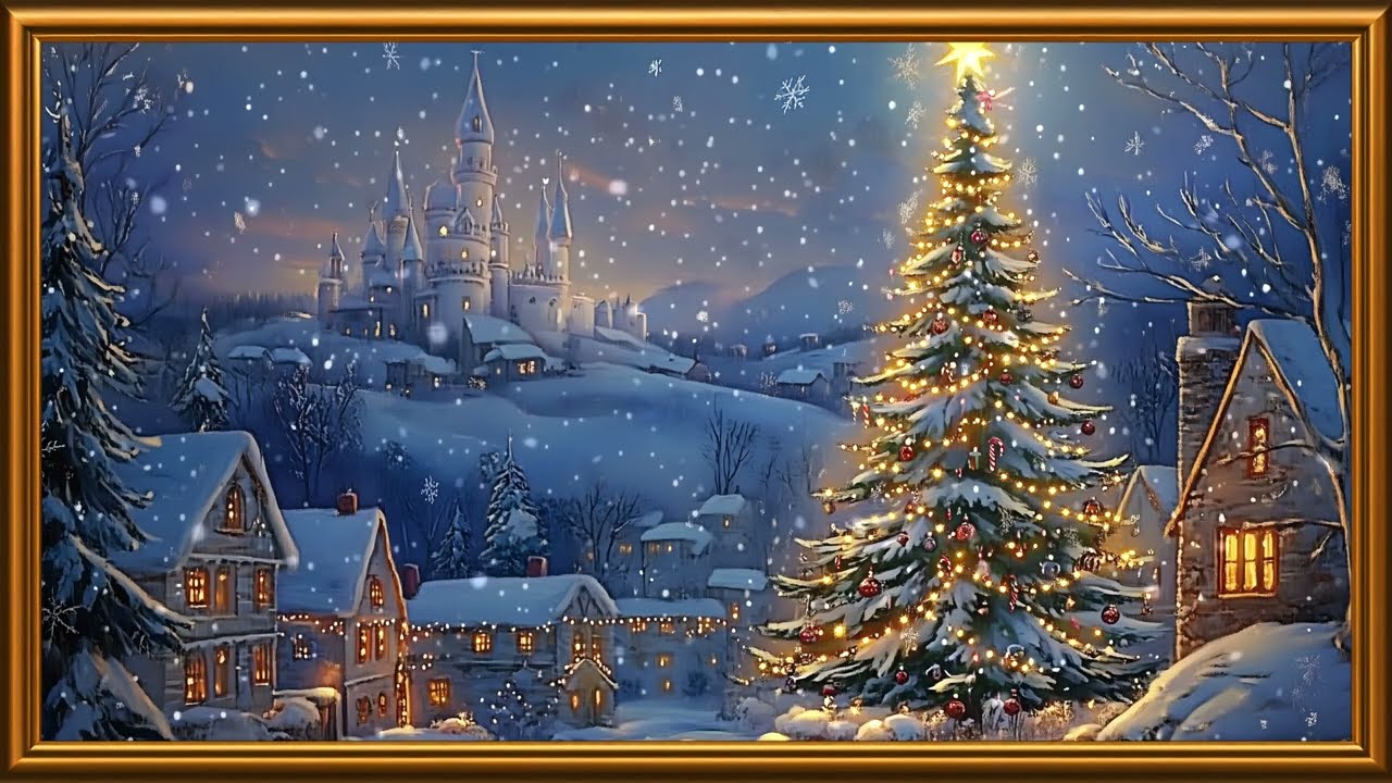 絵画 Winter song- Christmas Magical Christmas Tree and Snowy Village | Holiday Music and