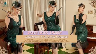 ZAPAKA Women 1920s Flapper Dress Dark Green Plus Size Scoop Neck Sleeveless Gatsby Dress With Tassel