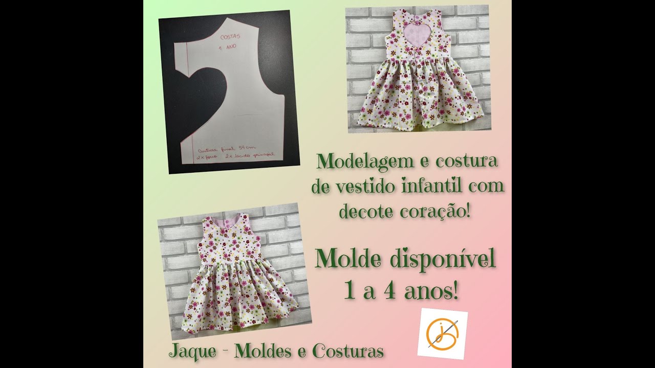 Modelagem e costura de vestido com decote coração com molde gratuito nos tamanhos de 1 a 4 anos