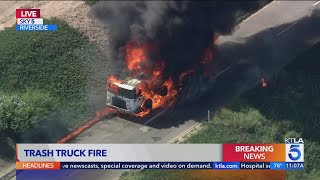 Trash truck fully engulfed in flames on 91 Freeway in Riverside