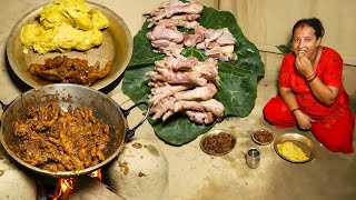 Chicken spare Parts masala curry cooking & eating by tribe woman || Nepali Rural Village Kitchen