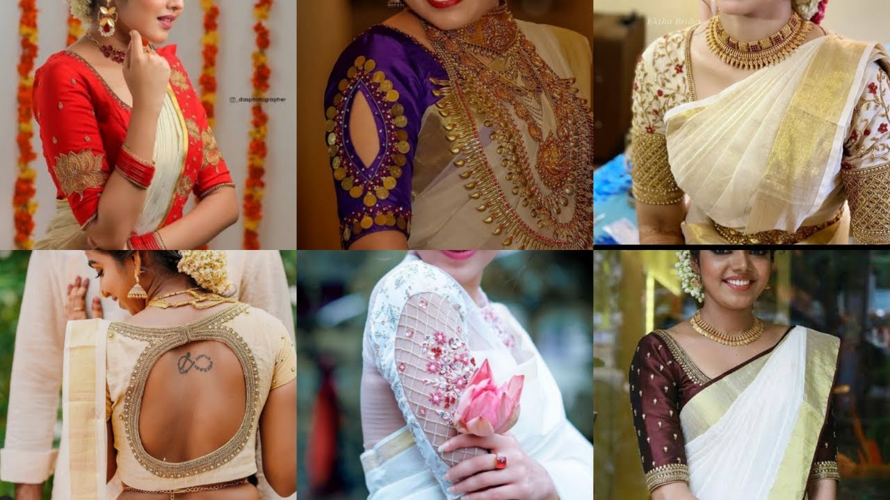 Trendy Designer Blouse with Kerala Saree  Kasavu Saree Blouse Designs  Set Saree Bridal Outlooks