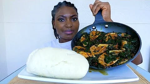 Asmr mukbang spinach soup with shrimp and fufu