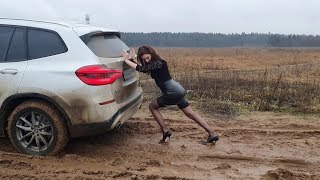car stuck girl, first driving experience in mud, high heels in mud, high heels muddy (scene 331)