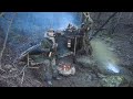 Bushcraft Rain Shelter Building - Mist - Primitive Shelter - Campfire Cooking