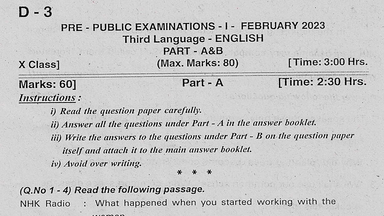 Telangana TS 10th class English 2023 PreFinal 1 question paper for SSC