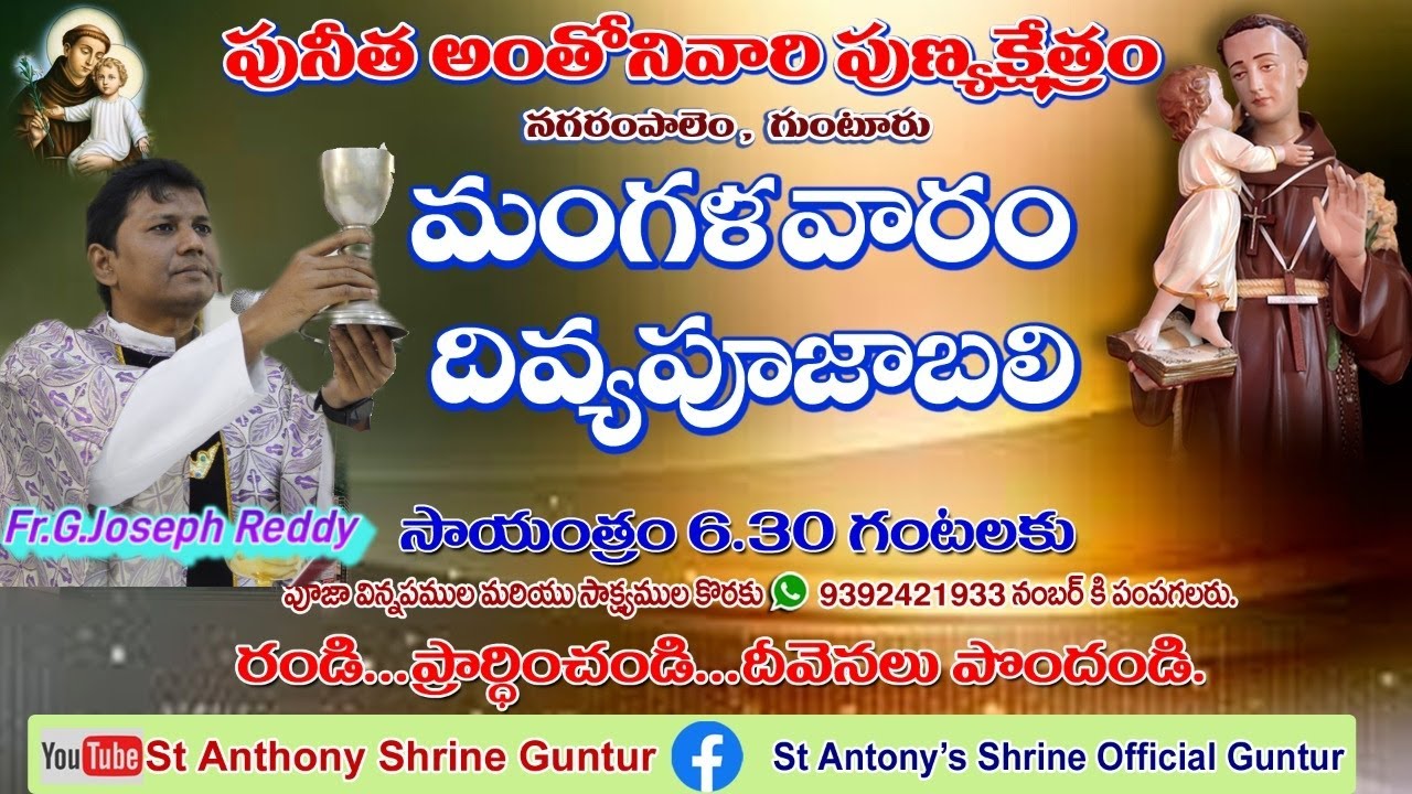 మంగళవారం దివ్యపూజ బలి Fr.G.Joseph reddy. పునీత అంతోని వారి పుణ్య ...