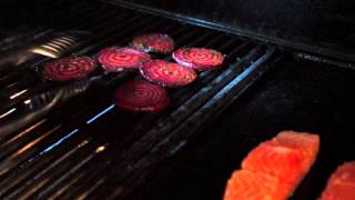 Grilled Salmon with beetroot and spinach salad