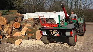 Holzspalter liegend - Eigenbau angetrieben durch Zapfwelle mit Kramer Traktor