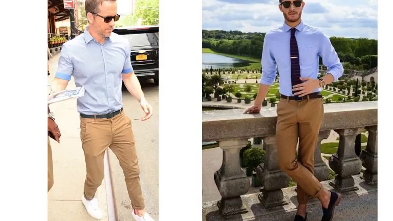 Beige Trousers and Blue Shirt 