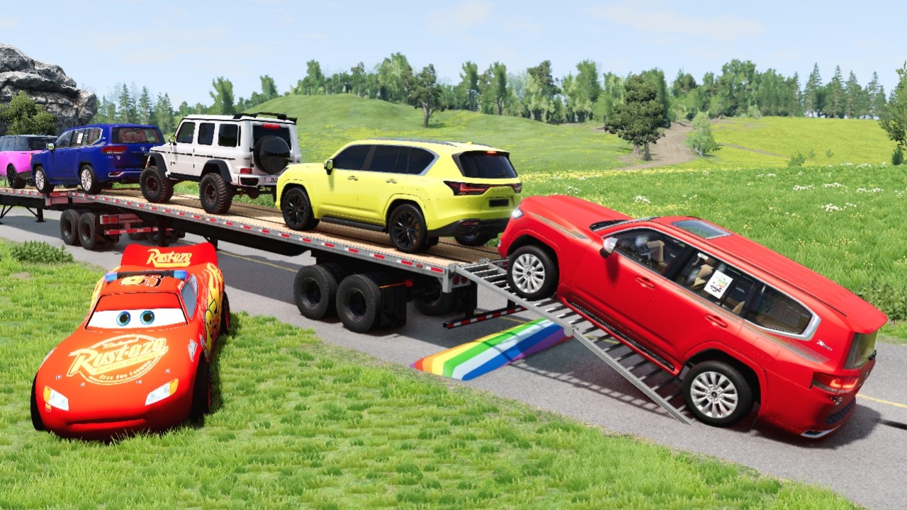Flatbed Truck McQueen | Transportation with Truck - Pothole vs Car #15 | BeamNG.Drive Gameplay