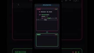 Junior vs Senior Python (factorial) #python #cleancode #shorts @ilovealgorithms