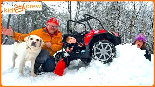 Avalanche firefighter rescue with kids power wheels truck and fire dog. Educational | Kid Crew