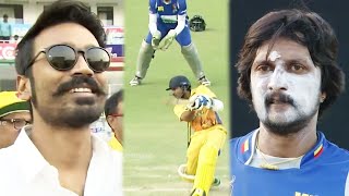 Actor Dhanush Enjoying Vishnu Vishal's Crazy Shots Against Sudeep Kichcha's Karnataka Bulldozers