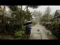 4k heavy rain in pangandaran village area   rainy day in indonesia  walking in the rain