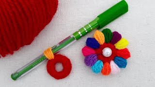 Amazing Woolen Flower Making Ideas | With Pen | Hand Embroidery Flower Design Easy Trick