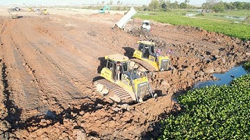 Ultimate Land Filling Up Long Dirt Pushing Bulldozer SHANTUI Dump Truck Moving Unloading Dirt Mud