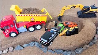 Police Car Excavator Rescues Cars  Toys From Hole