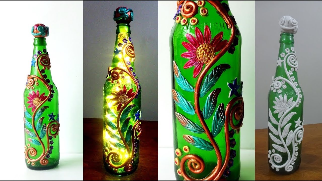 Glass Bottle Craft Idea Using Clay/ Glass Bottle Lamp Ideas - YouTube