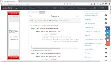 Write a Java program to find the last repeating character in a String. | javapedia.net