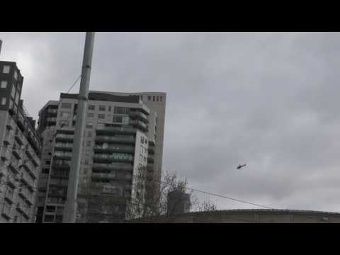 Helicopter flying over Art Centre