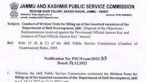 JKPSC Skill Development Gazetted vacancies Final Answer Keys 2022 Out Link In Description.