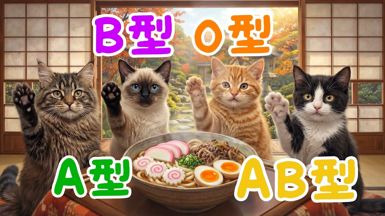 【血液型あるある】絶品肉うどんができるまで🐱🍜 準備から実食までの個性が強すぎて大騒動に！？一生懸命な姿に癒されるひととき【四季ねこ】