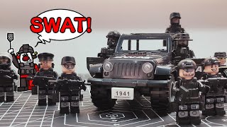 Build and play.  S.W.A.T. Jeep.  S.W.A.T. Team.  Lego compatible brick builds.