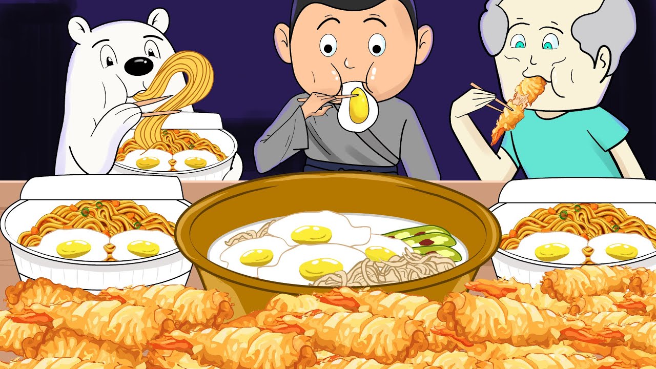 late night snacks - Bibimbap & cup noodles Mukbang Animation ASMR | Mukbang Toons 먹방툰