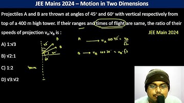Projectiles A and B are thrown at angles of 45∘ and 60∘ with vertical respectively from top of a