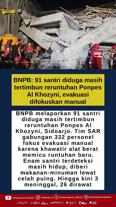 BNPB Duga 91 Santri Ponpes Al Khozyni Masih Tertimbun di Bawah Reruntuhan