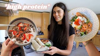 what I eat in a day HIGH PROTEIN yummy food! 🍓 + M&amp;S grocery haul