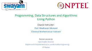Revision| NPTEL| Problem Solving Session on Programming, Data Structures and Algorithms Using Python