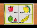 Fruit drawing easy  different types fruits drawing easy steps  mango apple banana drawing