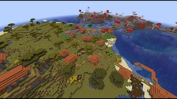 Minecraft 1.17 seed: Mushroom island merged with huge island with 2 villages and desert temple