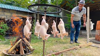 COOKING WHOLE CHICKENS DELICIOUSLY USING OLD BICYCLE WHEEL! AMAZING METHOD