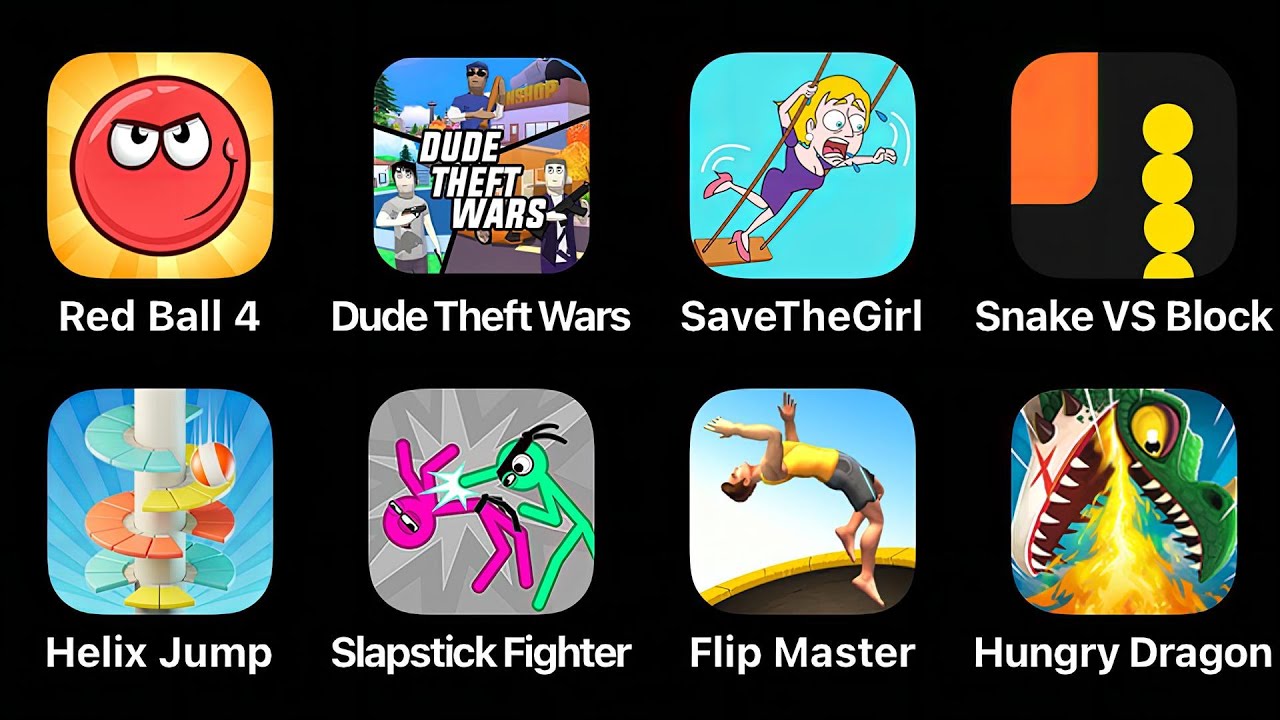 Red Ball 4, Dude Theft Wars, Save The Girl, Snakle vs Block, Helix Jump, Slapstick Fighter