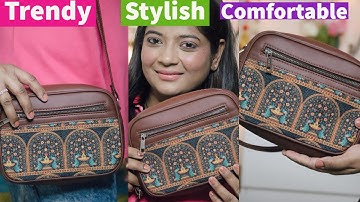 Zouk Sling Bag  | Royal Indian Peacock Motif Sling Bag  |Stylish Vegan Leather, Handicraft Fabric