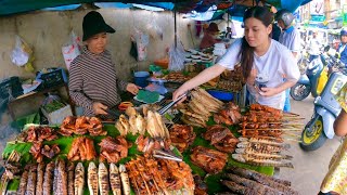 Cambodian Street Food - Tasty Grilled fish, frog, pork, khmer food for lucnh