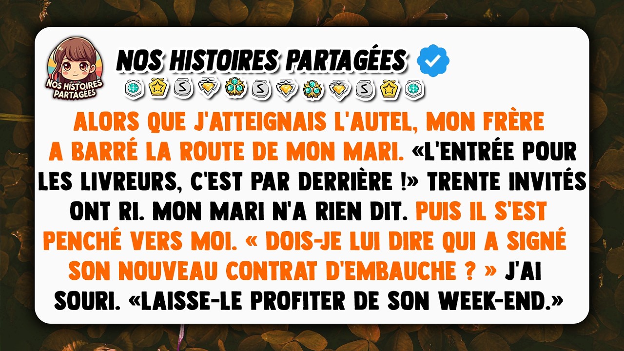 À trois pas de l’autel, mon frère a bloqué le passage à mon mari et a lancé assez fort pour que le dernier rang entende : « L’entrée pour les livreurs, c’est par derrière. » Trente invités ont...