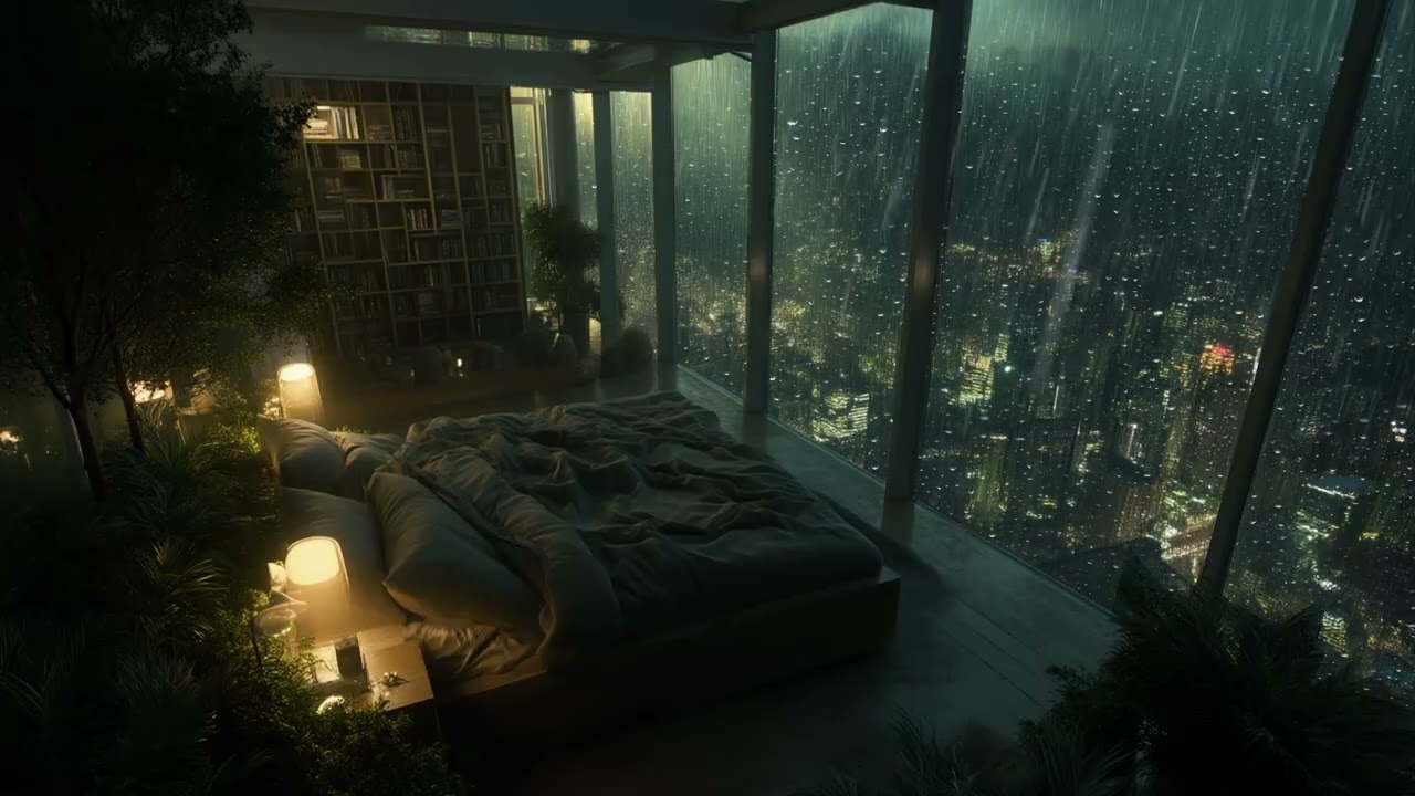 “Relaxing with Annie in a High-Rise Glass Apartment ⛈️Thunder Rain, Soft Piano, Calm Night Ambience”