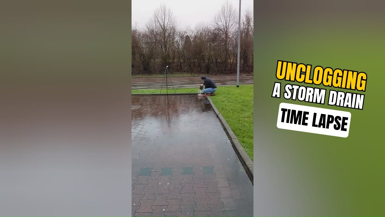 #012 - Time Lapse - Unclogging a storm drain after rain on a parking ...