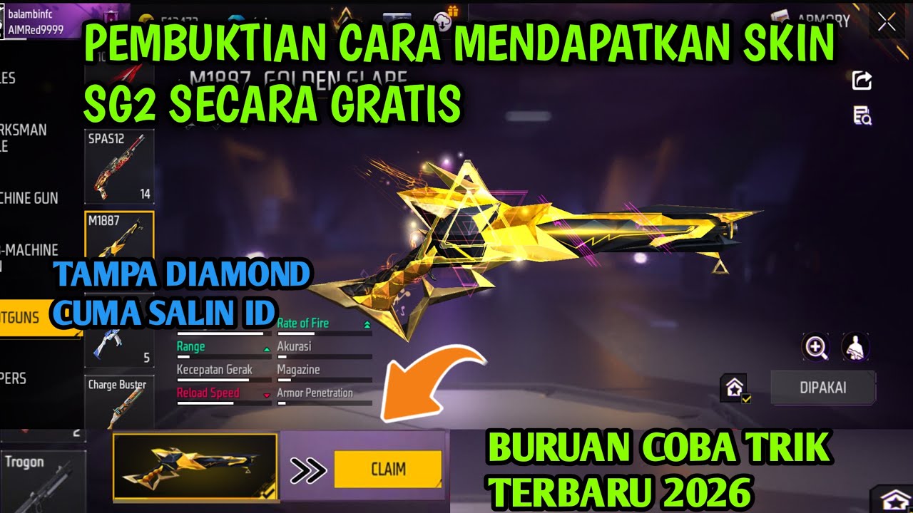 CARA MENDAPATKAN SKIN SG2 M1887 GOLDEN GLARE GRATIS TERBARU 2026,CARA DAPAT SG2 GRATIS