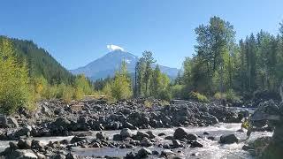Mt.hood, Oregon Along The Sandy River. Mountain Forming Lenticular Clouds And Views Of Fall Trees.