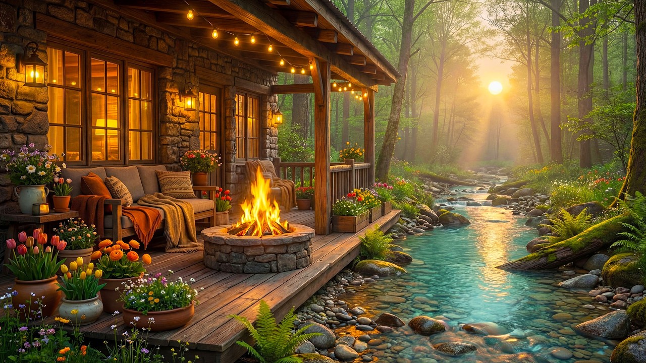 Serenity at a Riverside Cabin Porch 🔥🌅 Sunrise, Gentle Fire Pit & Flowing Water for Relaxation