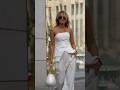 All-White Street Style Done Right: Structured Bustier, Flowy Trousers, Pearl Bag 🤍 #streetstyle