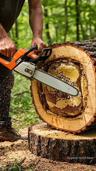 The secret hidden behind the ancient tree - exploiting the giant honey bee nestπ #bees #naturebee